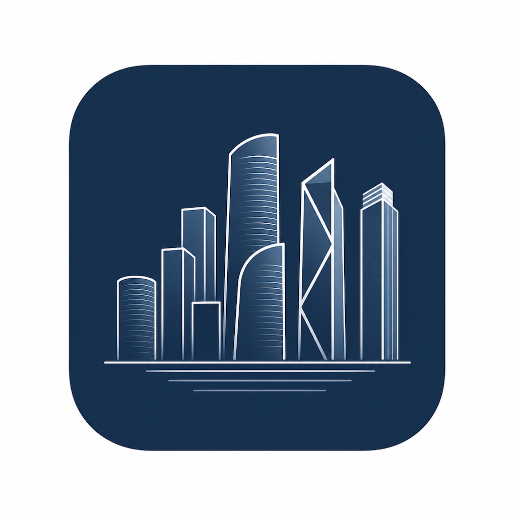 FinT app icon: a white skyline on a dark blue background